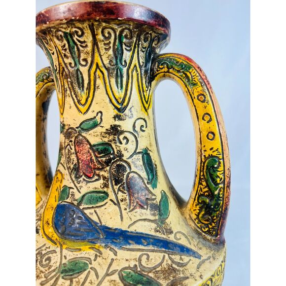 Vintage MAJOLICA POTTERY VASE Persian Style Double Handle Floral Birds Japan main image 6